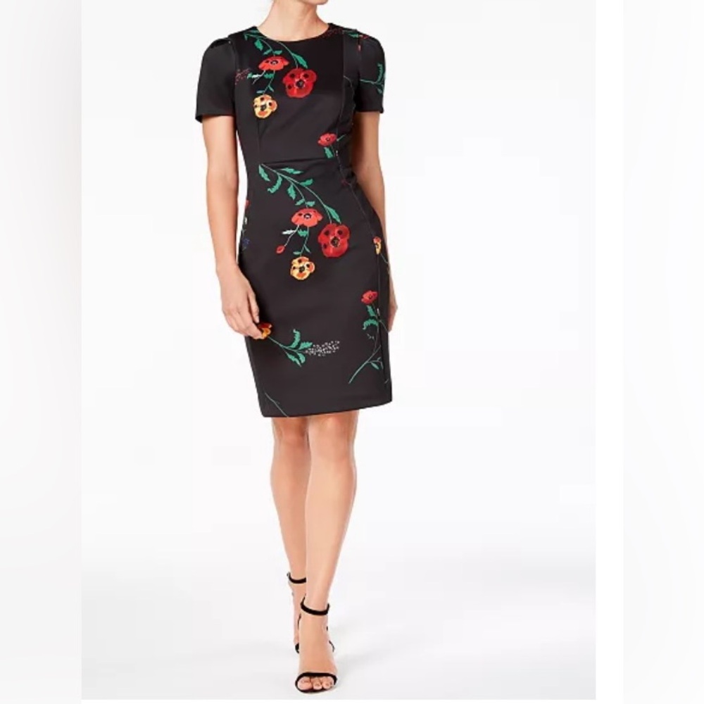 Calvin Klein scuba dress flourishing with poppies.